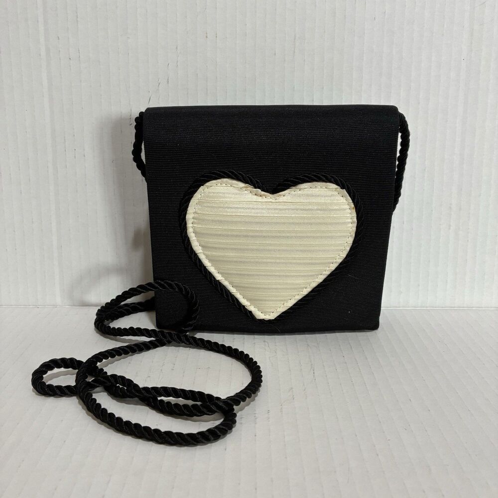 Timmy Woods Beverly Hills Vintage Black Satin Crossbody Bag Evening Cream Heart